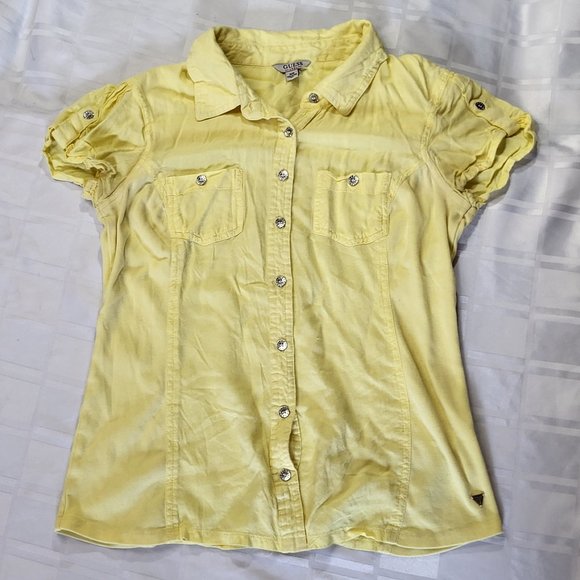 GUESS WOMEN'S SHORT SLEEVE SHIRT YELLOW SIZE MEDIUM FASHION WEAR DESIGNER - Picture 14 of 14